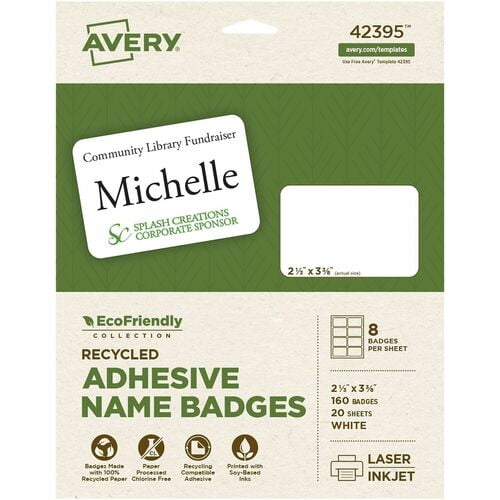 Avery® Eco-friendly Premium Name Badge Labels, 2 21/64" Width x 3 3/8" Length, Removable Adhesive, Rectangle, Inkjet, Laser, Matte White, Paper (42395) | 10 Packs (1600 Total)