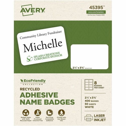 Avery® Eco-friendly Premium Name Badge Labels, 2 21/64" Width x 3 3/8" Length, Removable Adhesive, Rectangle, Inkjet, Laser, Matte White, Paper (45395) | 2 Boxes
