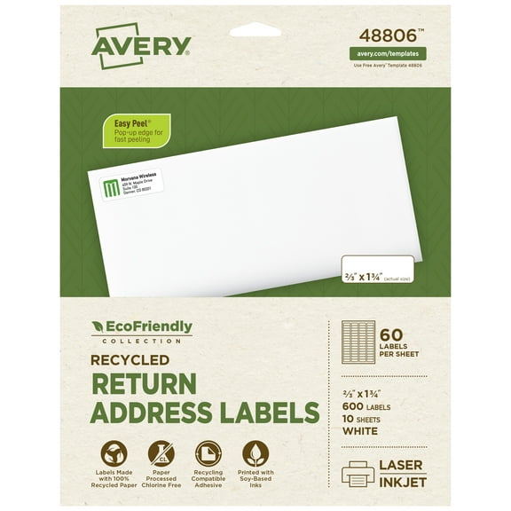 Avery EcoFriendly Address Labels, 2/3" x 1-3/4", 600 Labels (48806)