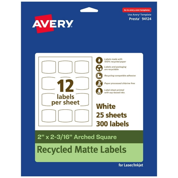Avery EcoFriendly Arched Square Labels, 2" x 2-3/16", 300ct