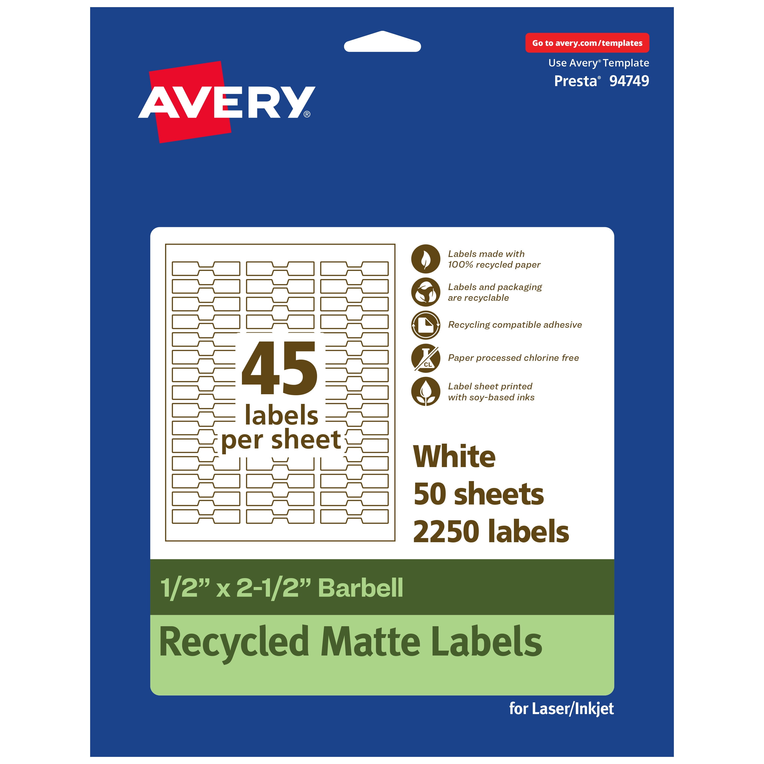 Avery EcoFriendly Barbell Labels, 1/2" x 2-1/2", 2,250ct