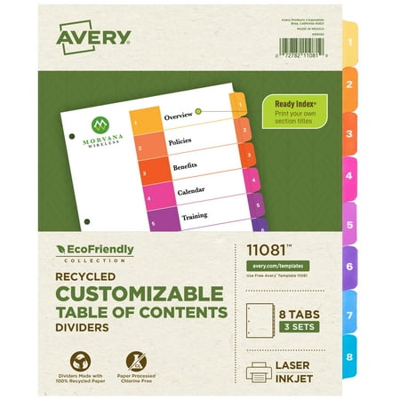 Avery - Ready Index Table of Contents EcoFriendly Paper Dividers, 1-8 Tabs, 3 Sets/Pack - Multicolor