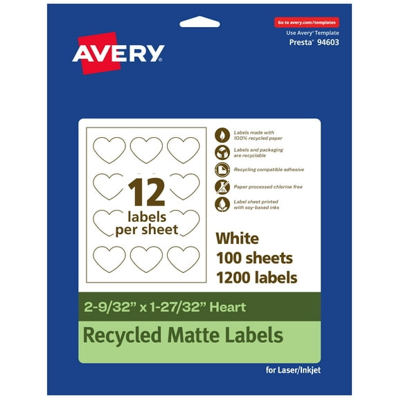 Avery EcoFriendly Heart Labels, 2-9/32" x 1-27/32", 1,200ct