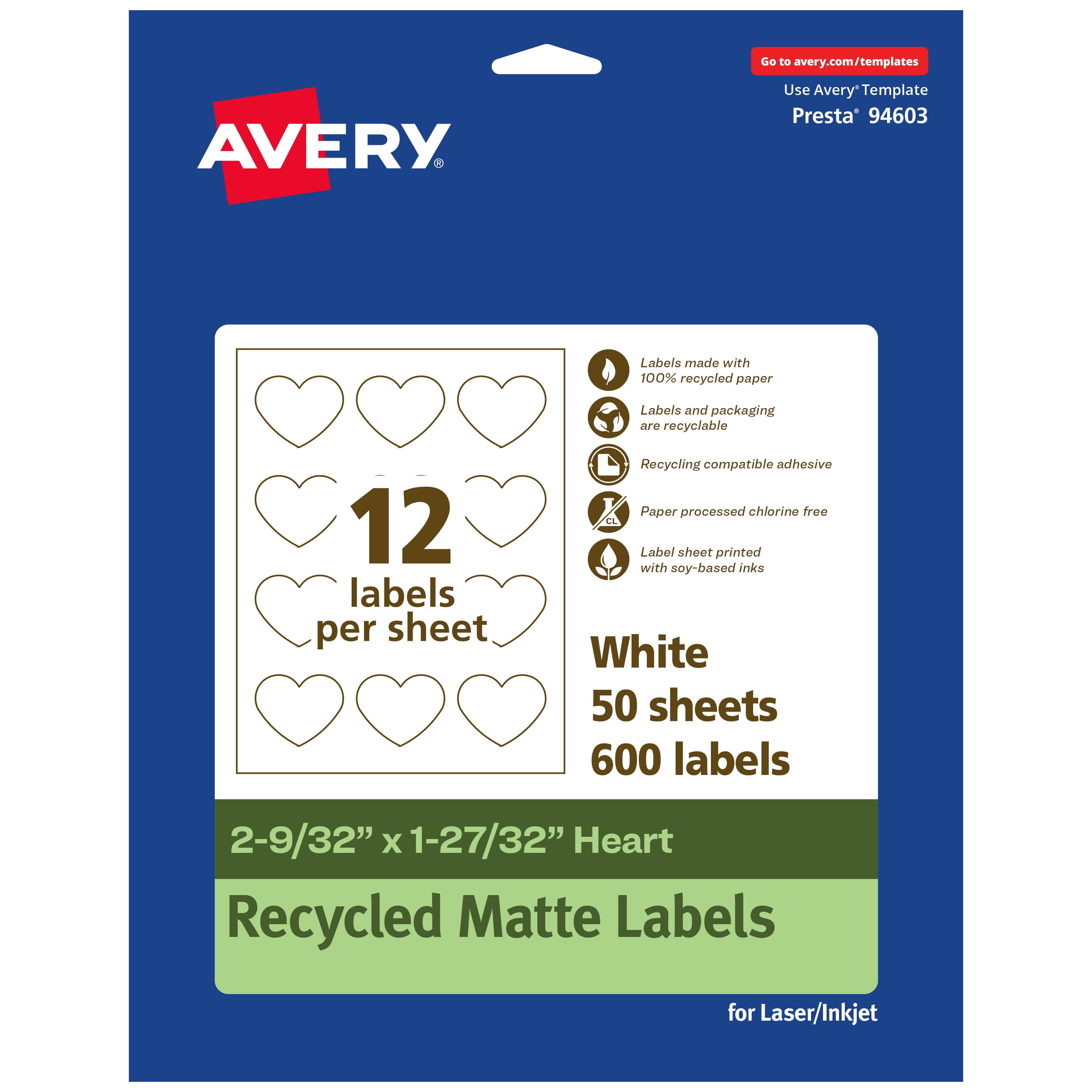 Avery EcoFriendly Heart Labels, 2-9/32" x 1-27/32", 600ct