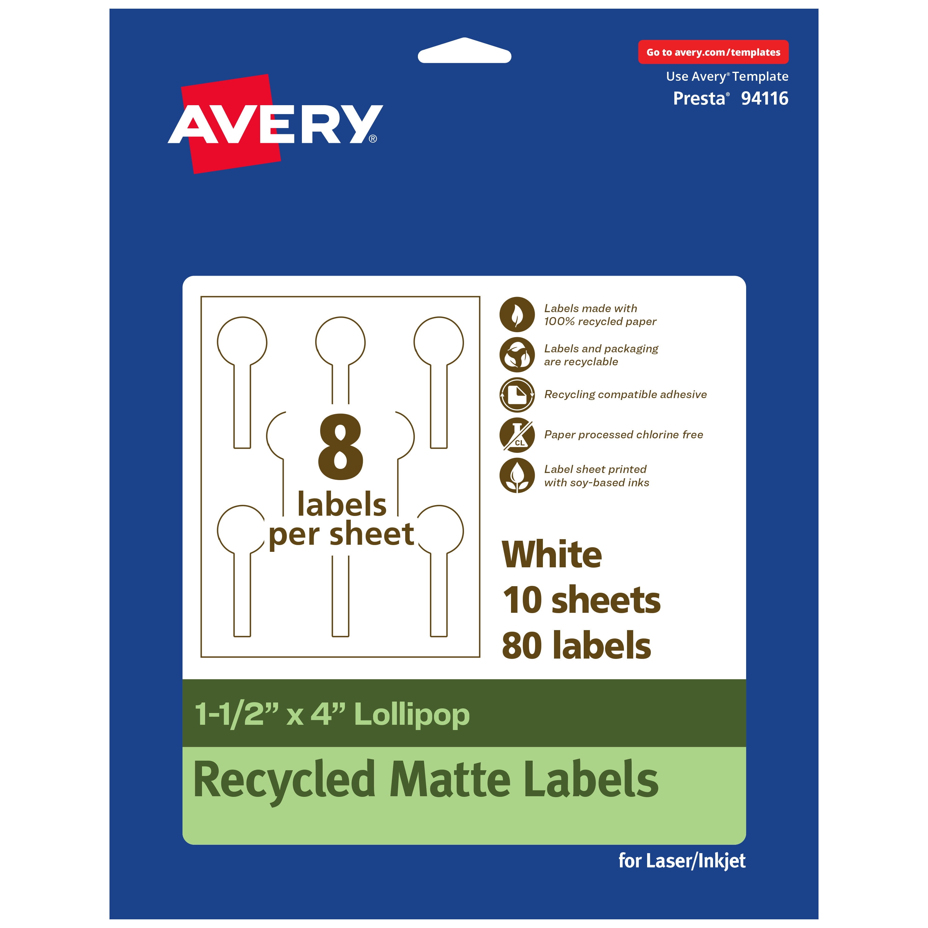 Avery EcoFriendly Matte White Recycled Lollipop Labels, 1-1/2" x 4 ...