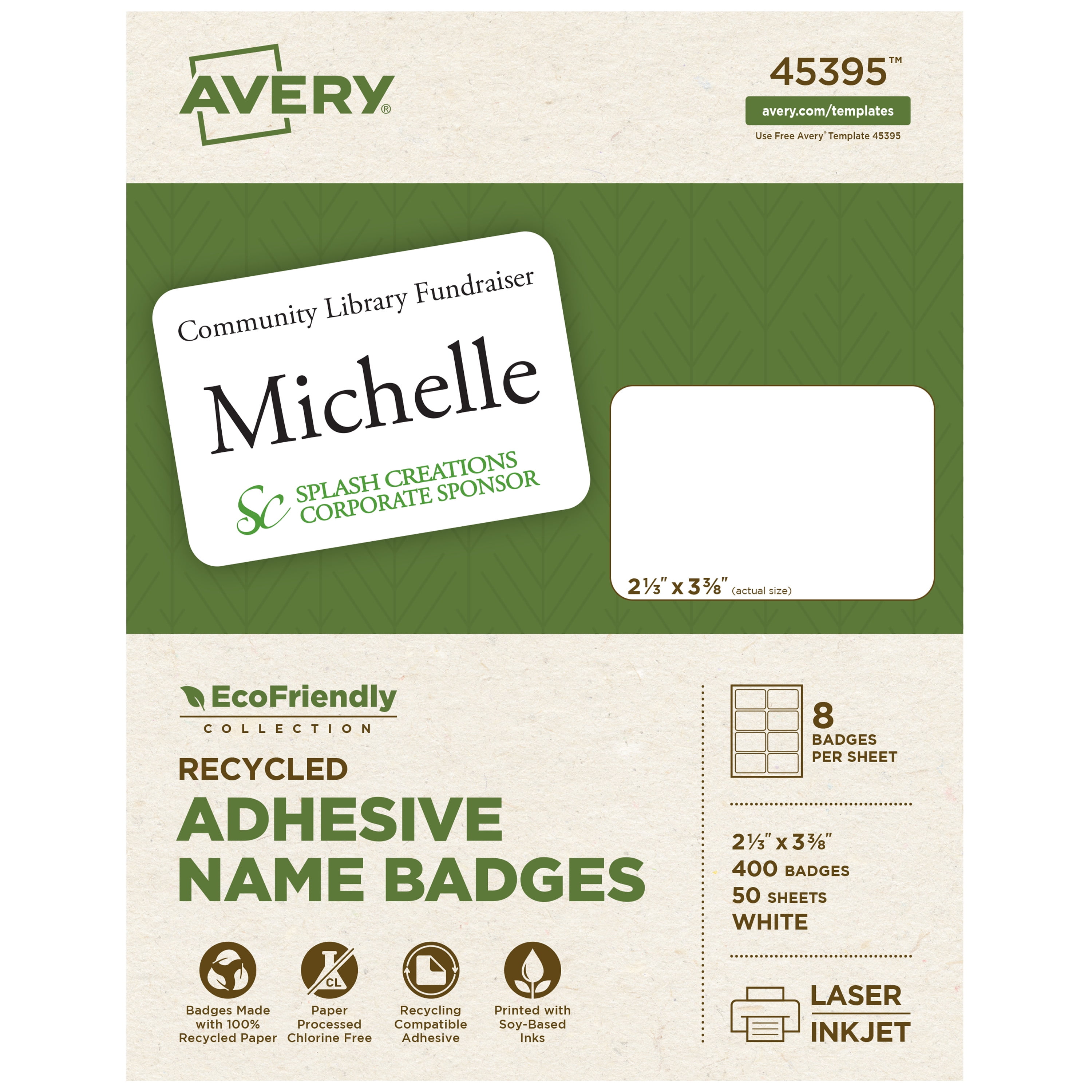 Avery EcoFriendly Name Tags, 2-1/3" x 3-3/8", 400ct (45395)