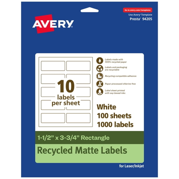 Avery EcoFriendly Rectangle Labels, 1-1/2" x 3-3/4", 1,000ct