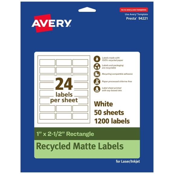 Avery EcoFriendly Rectangle Labels, 1" x 2-1/2", 1,200ct