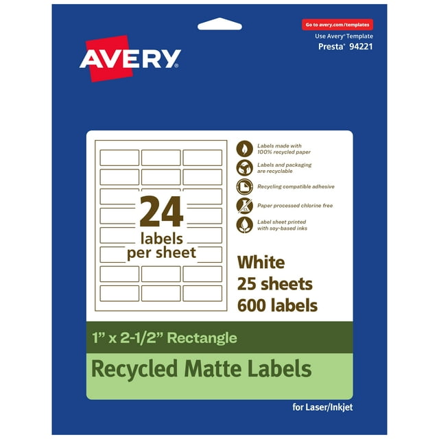 Avery EcoFriendly Rectangle Labels, 1" x 2-1/2", 600ct