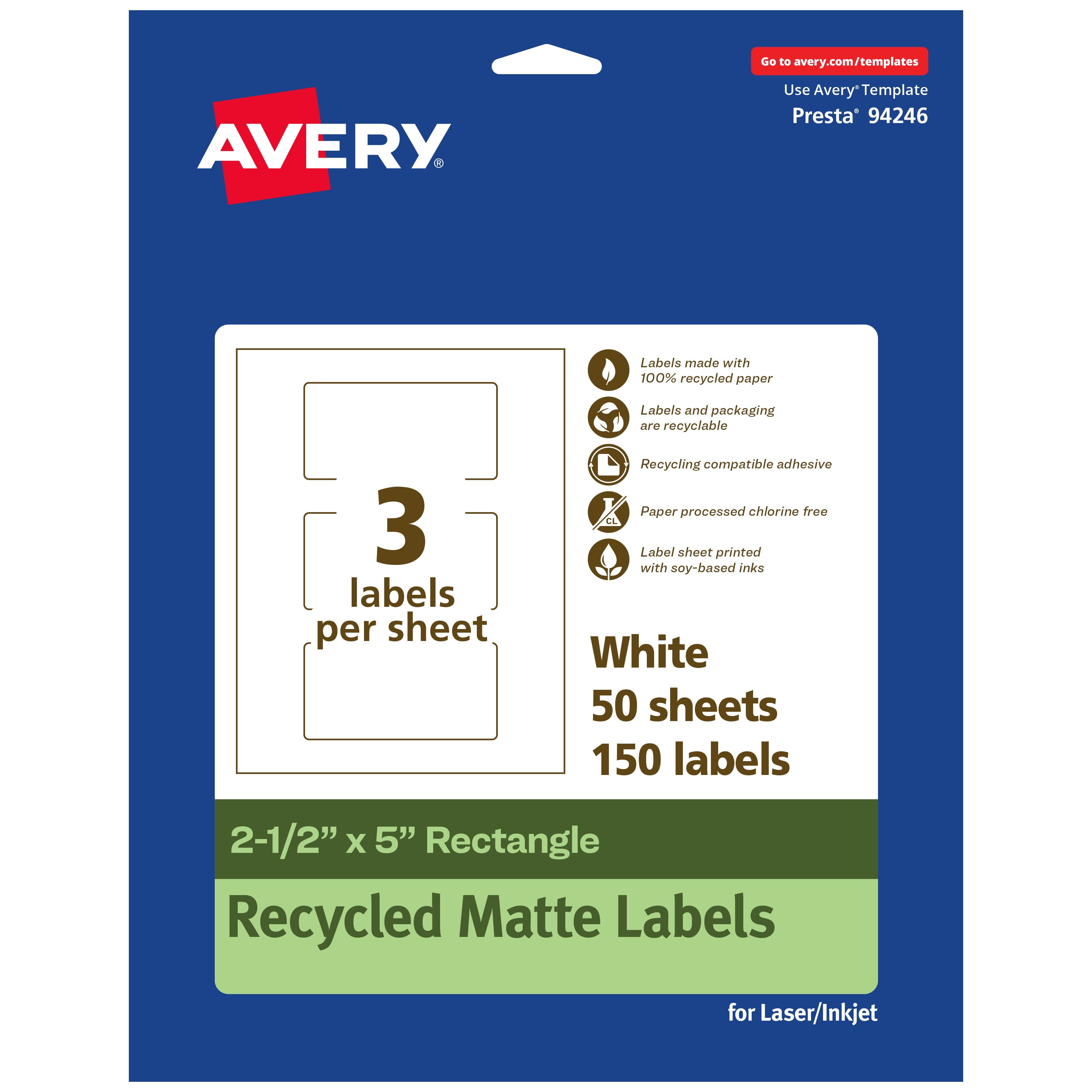 Avery EcoFriendly Rectangle Labels, 2-1/2" x 5", 150ct