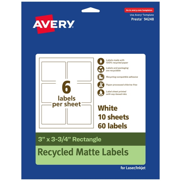 Avery EcoFriendly Rectangle Labels, 3" x 3-3/4", 60ct