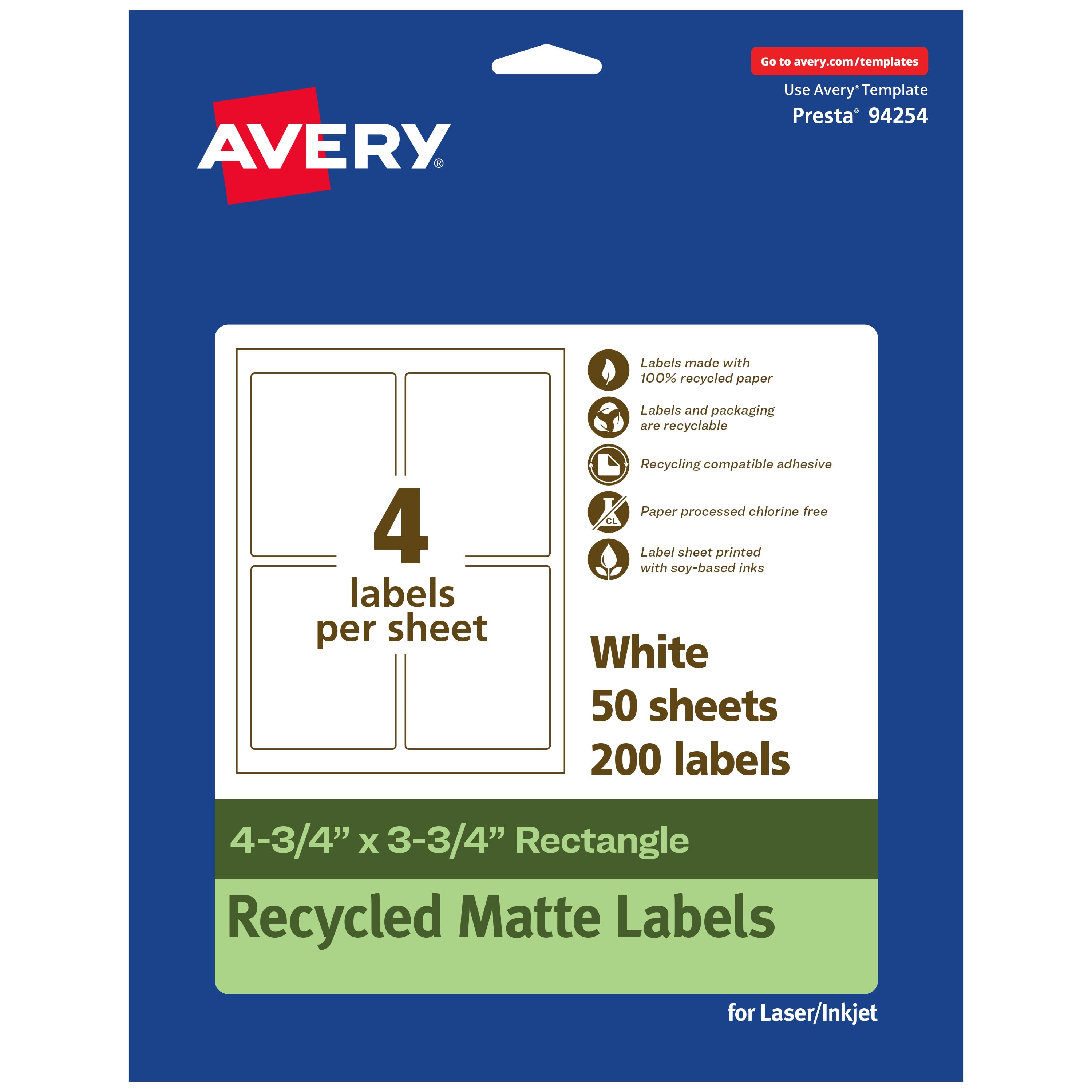 Avery EcoFriendly Rectangle Labels, 4-3/4" x 3-3/4", 200ct