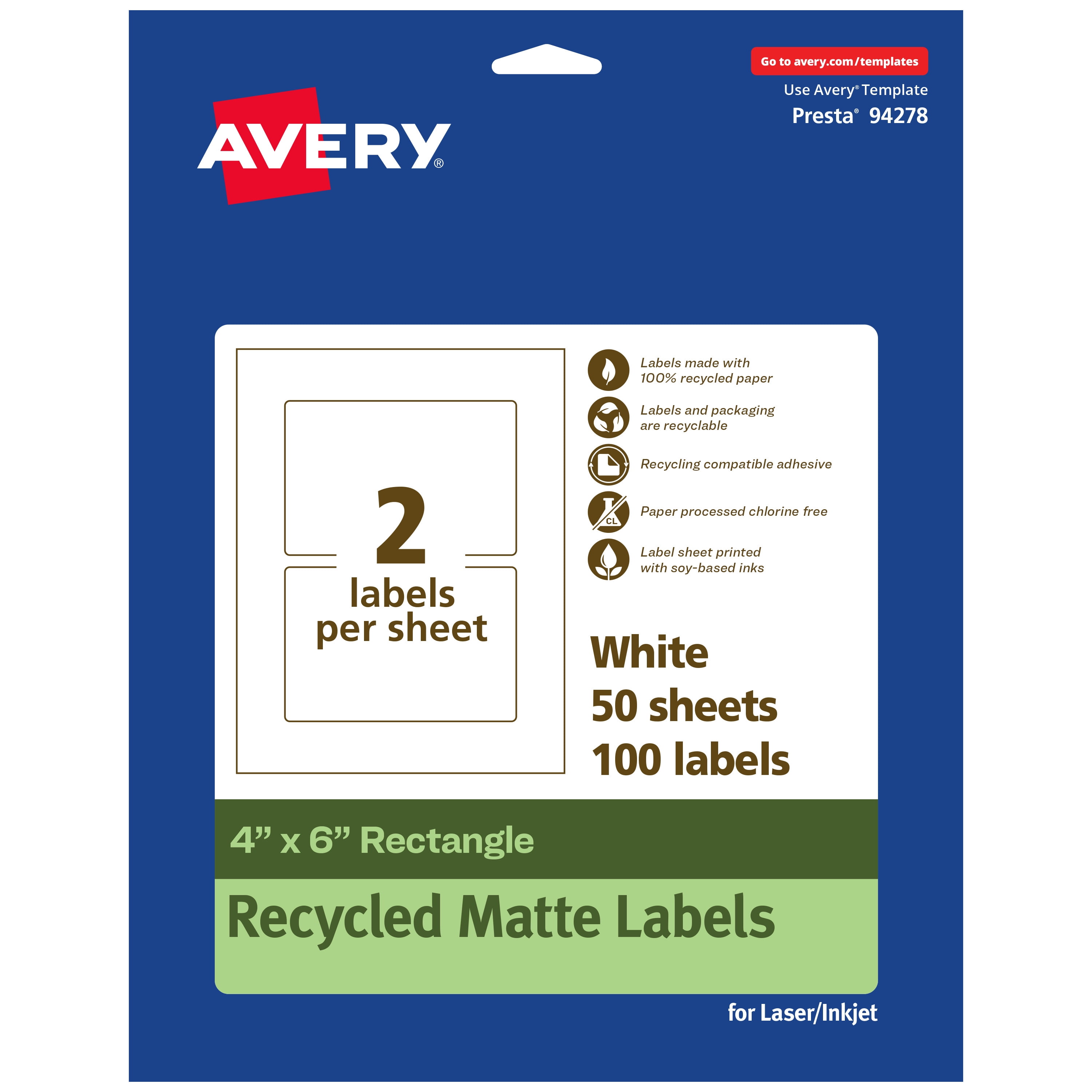 Avery EcoFriendly Rectangle Labels, 4" x 6", 100ct