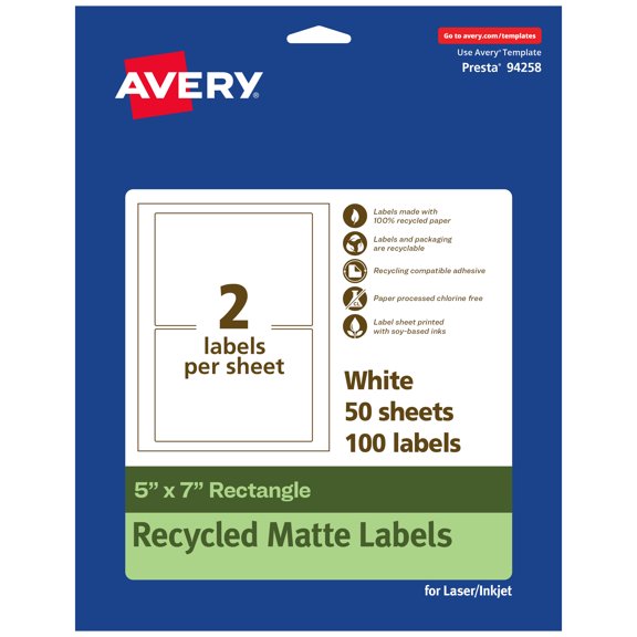 Avery EcoFriendly Rectangle Labels, 5" x 7", 100ct