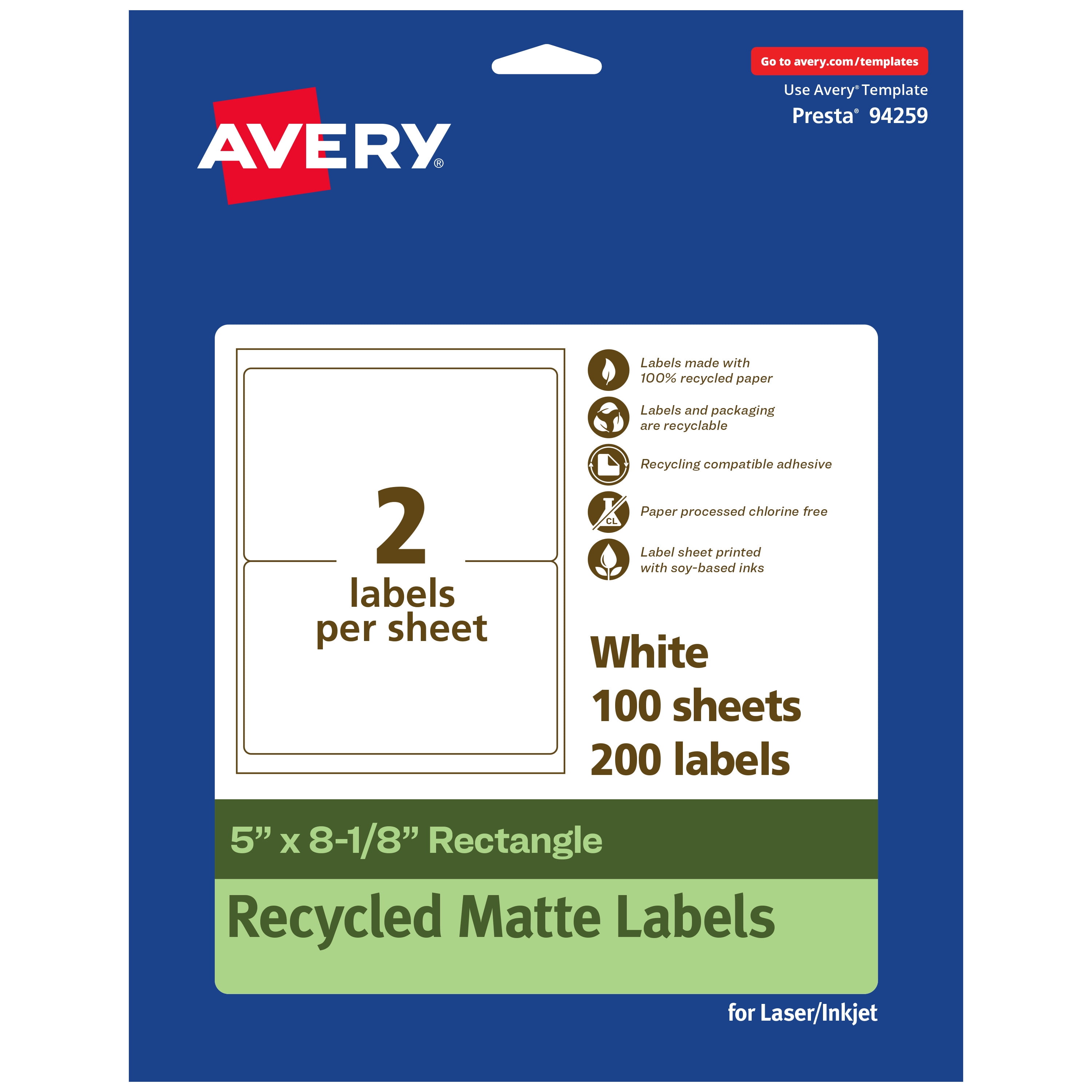 Avery EcoFriendly Rectangle Labels, 5" x 8-1/8", 200ct