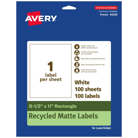 Avery EcoFriendly Rectangle Labels, 8-1/2" x 11", 100ct