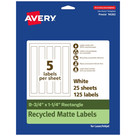 Avery EcoFriendly Rectangle Labels, 9-3/4" x 1-1/4", 125ct
