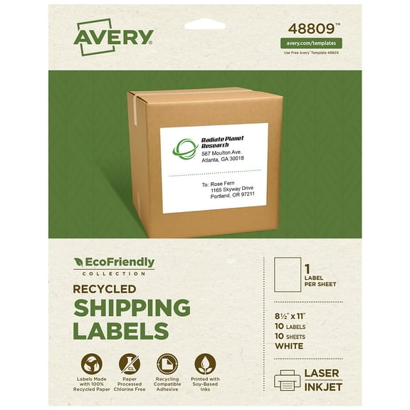 Avery Dennison 48809 Ecofriendly Recycled Shipping Labels, Inkjet/laser, 8.5 X 11, White, 1/sheet, 10/pack
