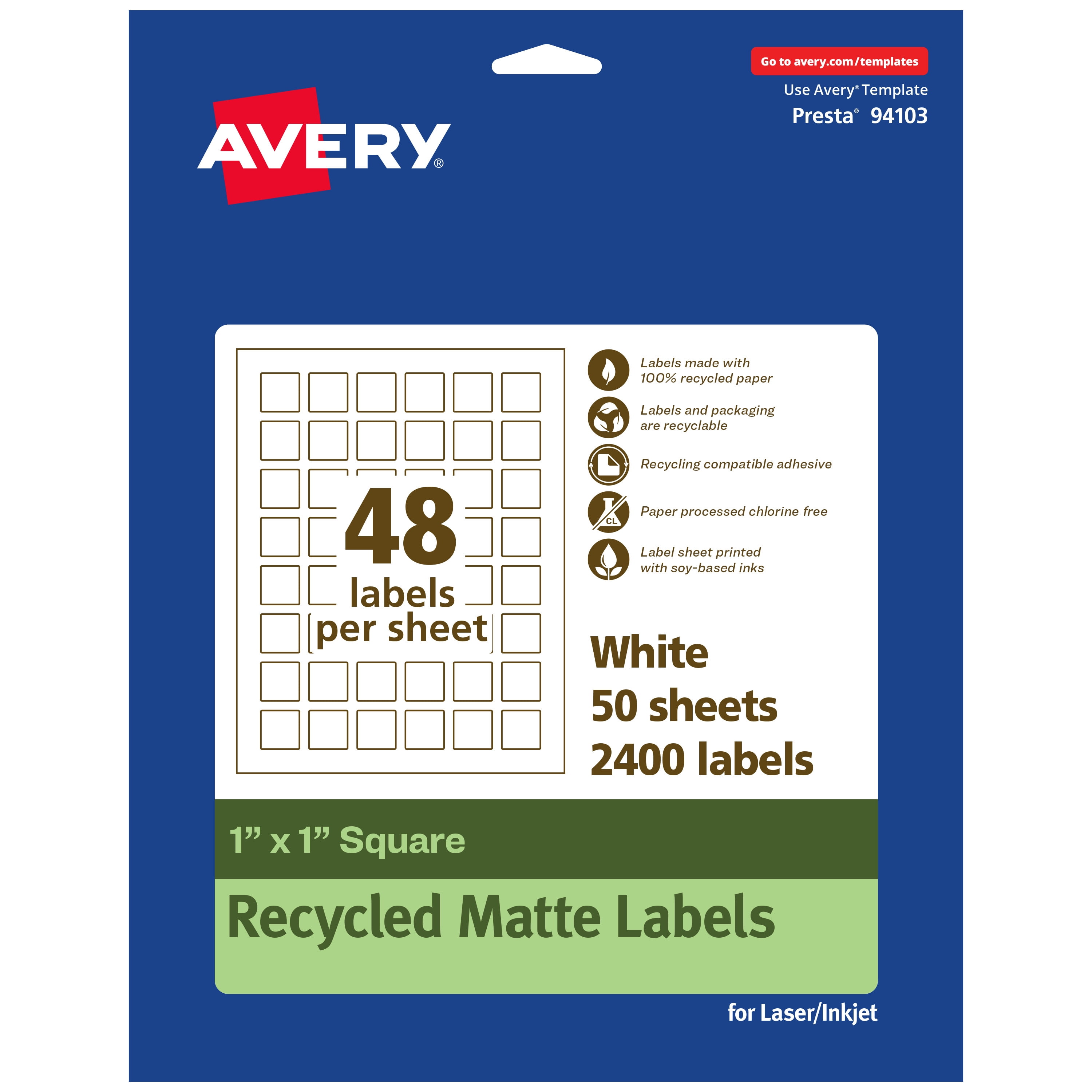 Avery EcoFriendly Square Labels, 1" x 1", 2,400ct