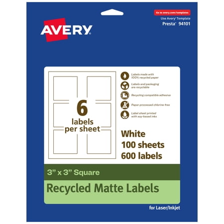 Avery EcoFriendly Square Labels, 3" x 3", 600ct