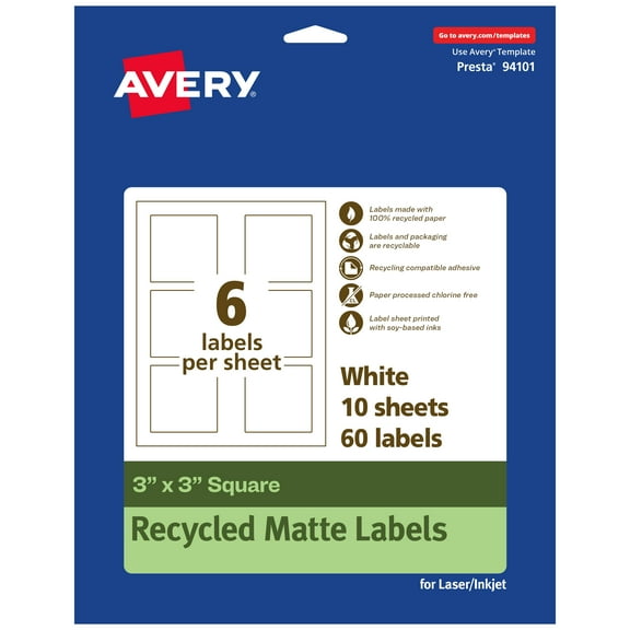 Avery EcoFriendly Square Labels, 3" x 3", 60ct