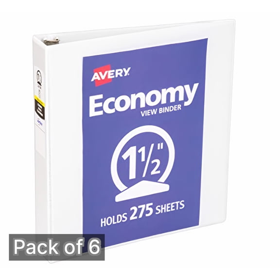 Avery Economy View 3 Ring Binder, 1.5" Round Rings, 1 White Binder (Pack of 6)