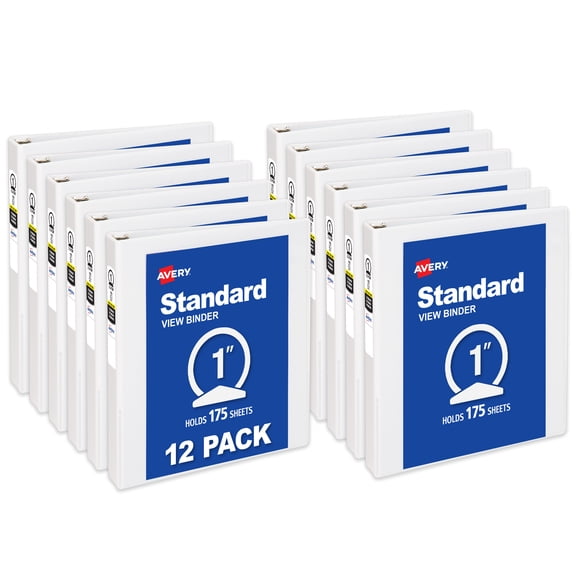 Avery Standard View Binder, 1" Round Rings, White Binder (05711) - 12 Pack