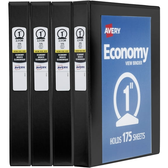 Avery Economy View 3 Ring Binders, 1" Round Rings, 4 Black Binders