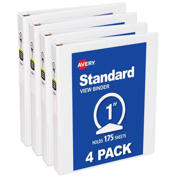 Avery Economy View 3 Ring Binders, 1" Round Rings, 4 White Binders