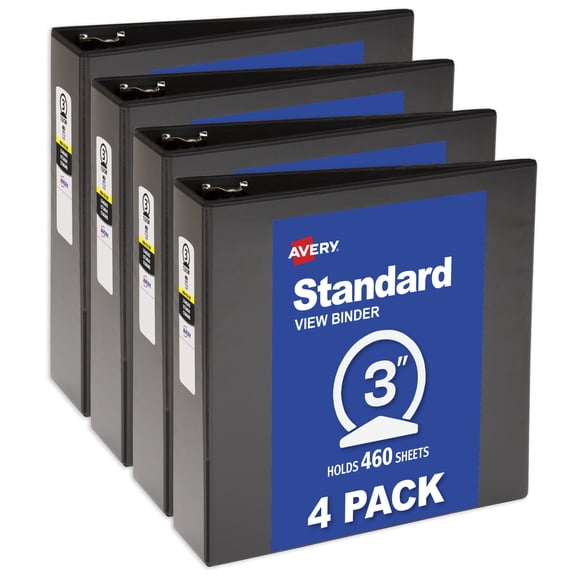 Avery Standard View Binders, 3" Round Rings, Black, 4ct (03361)