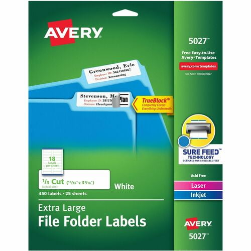 Avery® Extra-Large File Folder Labels, 15/16" Width x 3 7/16" Length, Permanent Adhesive, Rectangle, Inkjet, Laser, Matte, White, Paper (5027) | 10 Packs (4500 Total)
