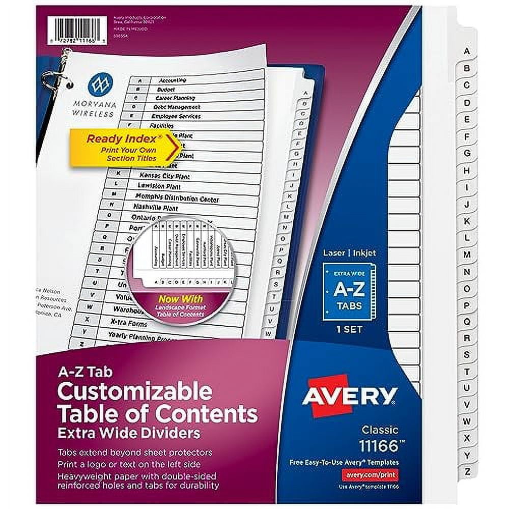 Avery ExtraWide 26 Tab Dividers for 3 Ring Binders, Customizable Table