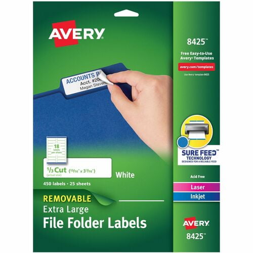 Avery® Extra-large TrueBlock Filing Labels, 15/16" Width x 3 7/16" Length, Removable Adhesive, Rectangle, Inkjet, Laser, Matte, White, Paper (8425) | 5 Packs (2250 Total)