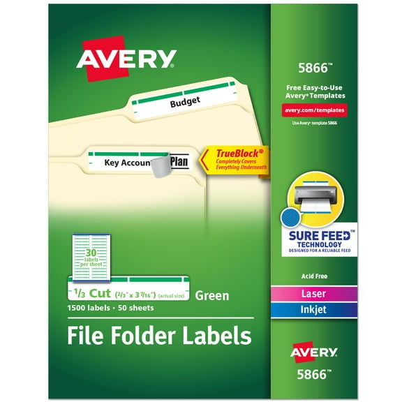 Avery File Folder Labels, 2/3" x 3-7/16", 1,500 Green Labels (5866)
