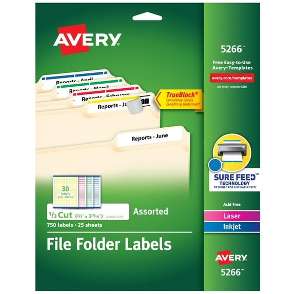 Avery File Folder Labels, 2/3" x 3-7/16", Assorted Colors (5266)