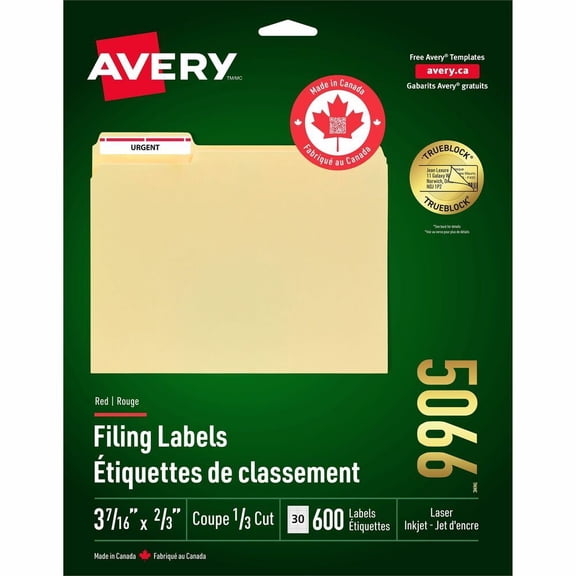 Avery File Folder Labels, 2/3" x 3-7/16", White/Red (5066)