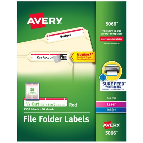 Avery File Folder Labels, 2/3" x 3-7/16", White/Red (5066)