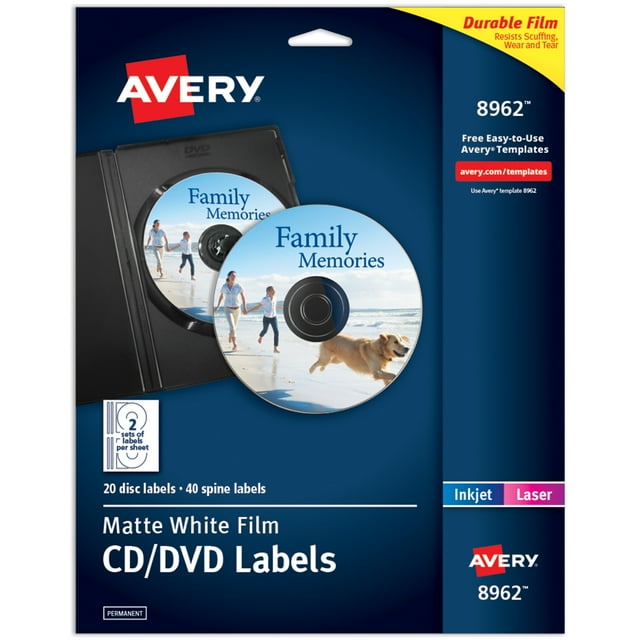 Avery Printable CD Stickers, 20 Disc and 40 Spine Labels, Matte Film ...