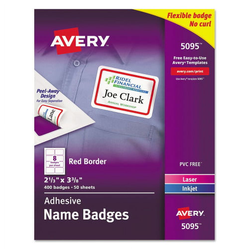 Avery Flexible Adhesive Name Badge Labels, 3.38 x 2.33, White/Red Border, 400/Box, Each