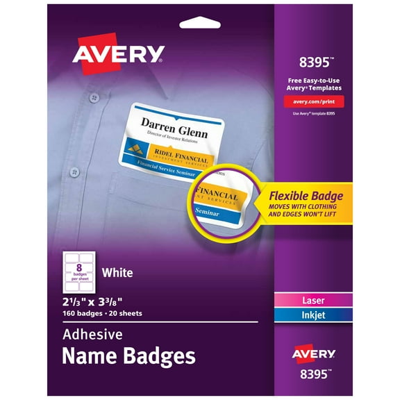 Avery Flexible Printable Name Tags, 2-1/3" x 3-3/8", Matte White, 160 Removable Name Badges (8395) - 5 Pack