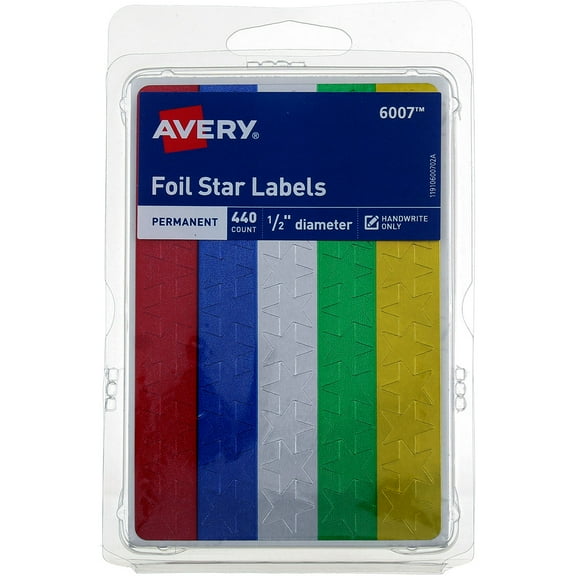 Avery Foil Star Labels, 0.5in, Permanent, Assorted Colors 6007, 440 Ct (6 pack) (Bundle)
