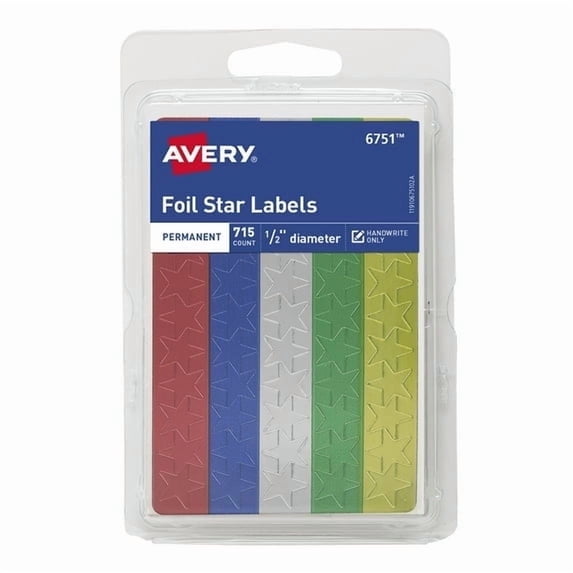 Avery Foil Star Labels, 1/2" Diameter, Paper, Permanent, Assorted Colors, Handwrite, 715 Labels (2 Pack)