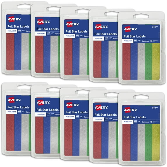 Avery Foil Star Stickers, Assorted Colors, 440 per Pack, 10 Packs, 4,400 Star Stickers Total (06007)