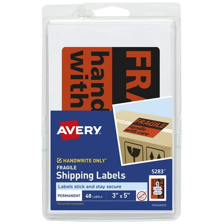 Avery Fragile Labels, 3" x 5", Orange & Black, Non-Printable, 40 Shipping Labels Total (5283)
