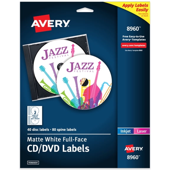 Avery Full-Face CD Labels, 40 CD Labels & 80 Spine Labels (8960)