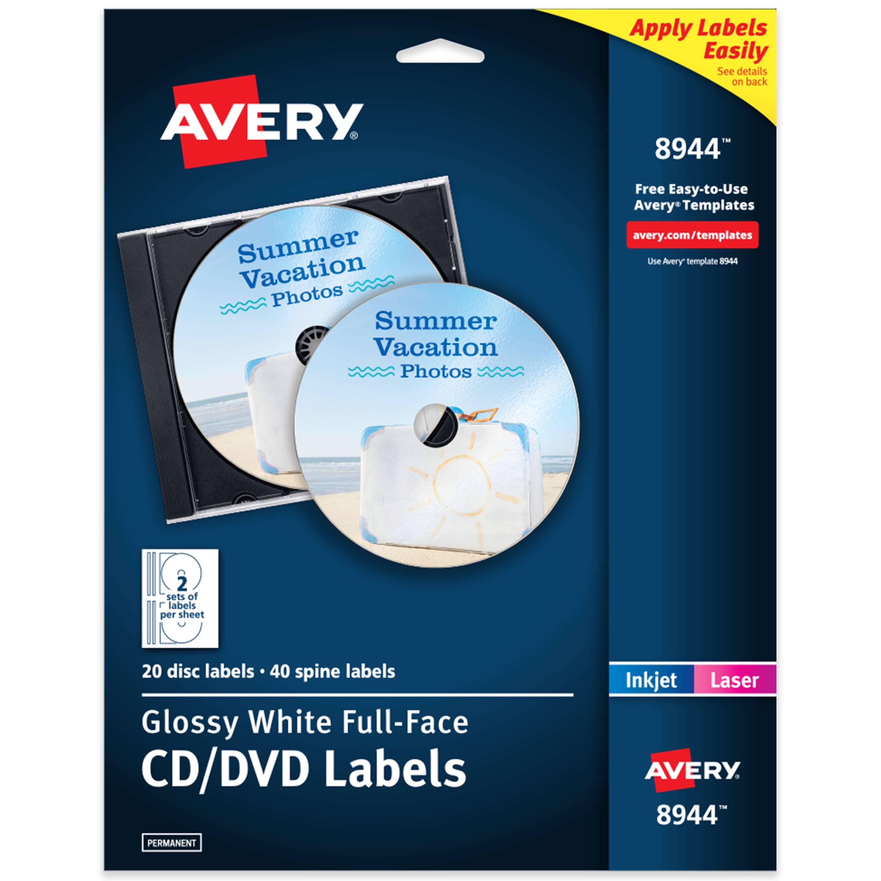 Avery Printable Full-Face CD/DVD Labels with Applicator, Glossy White ...