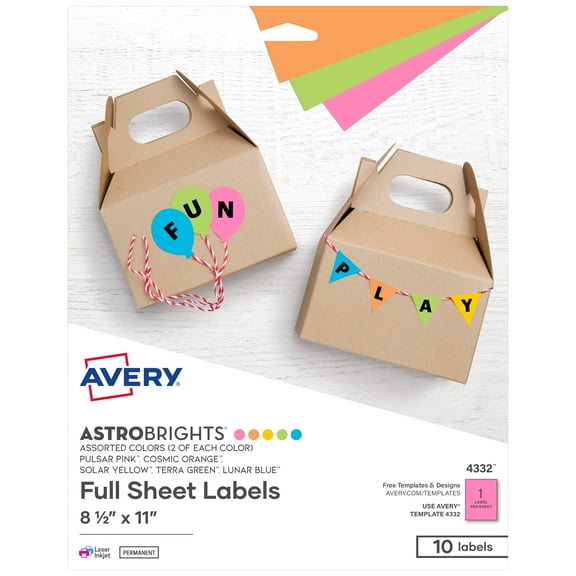 Avery Full-Sheet Labels, Assorted Bright Colors, 8.5" x 11", Laser/Inkjet, 10 Labels (4332)