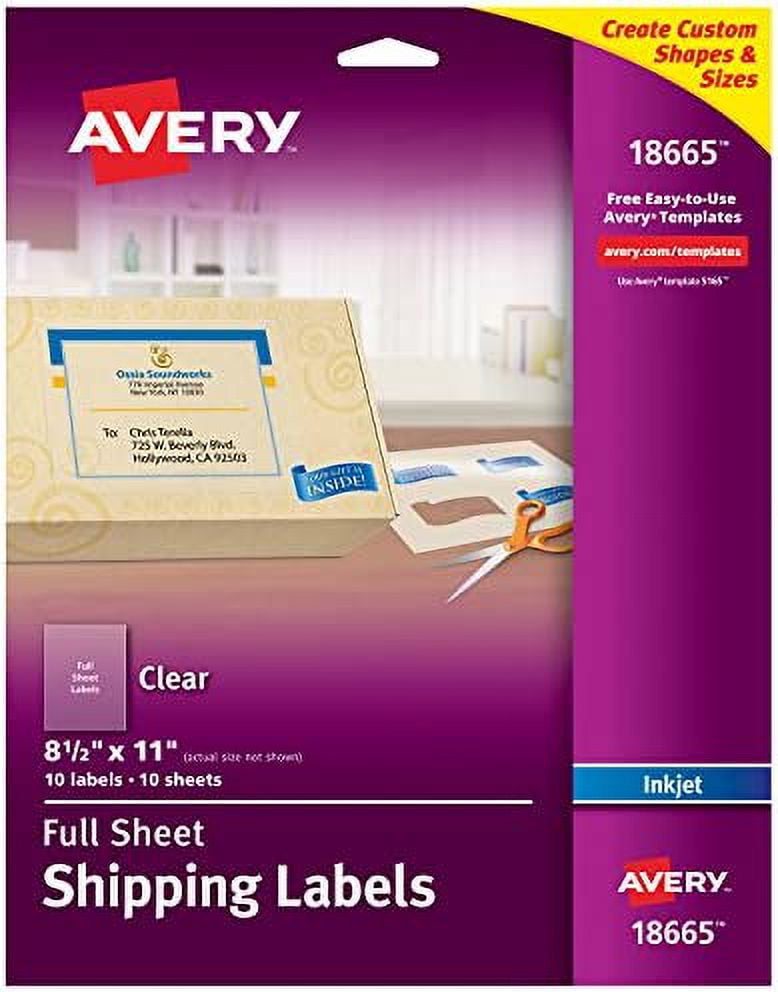 Avery Full Sheet Printable Shipping Labels, 8.5" x 11", Matte Clear, 10 ...