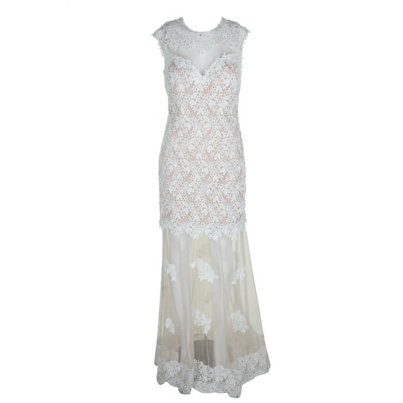 Avery G White Nude Popover Crochet Rhinestone Mesh Gown 10