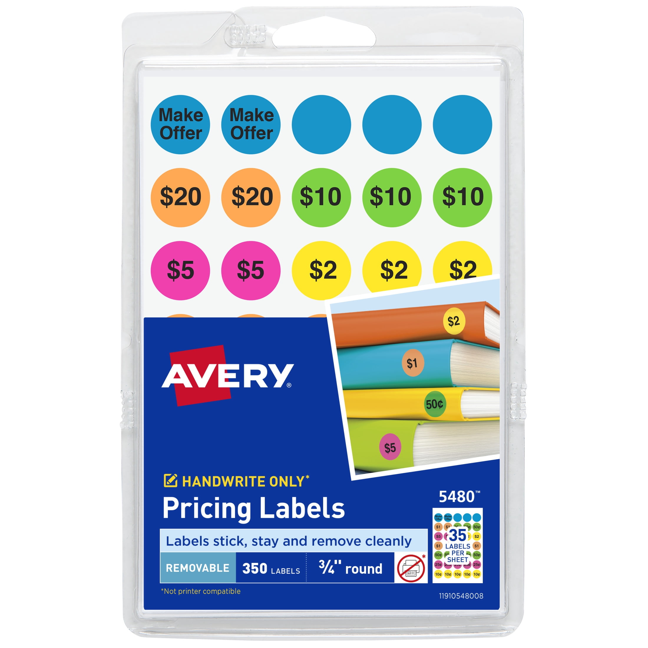 Avery Pricing Labels, 3/4" Diameter, Assorted Colors, 350 Count (5480)